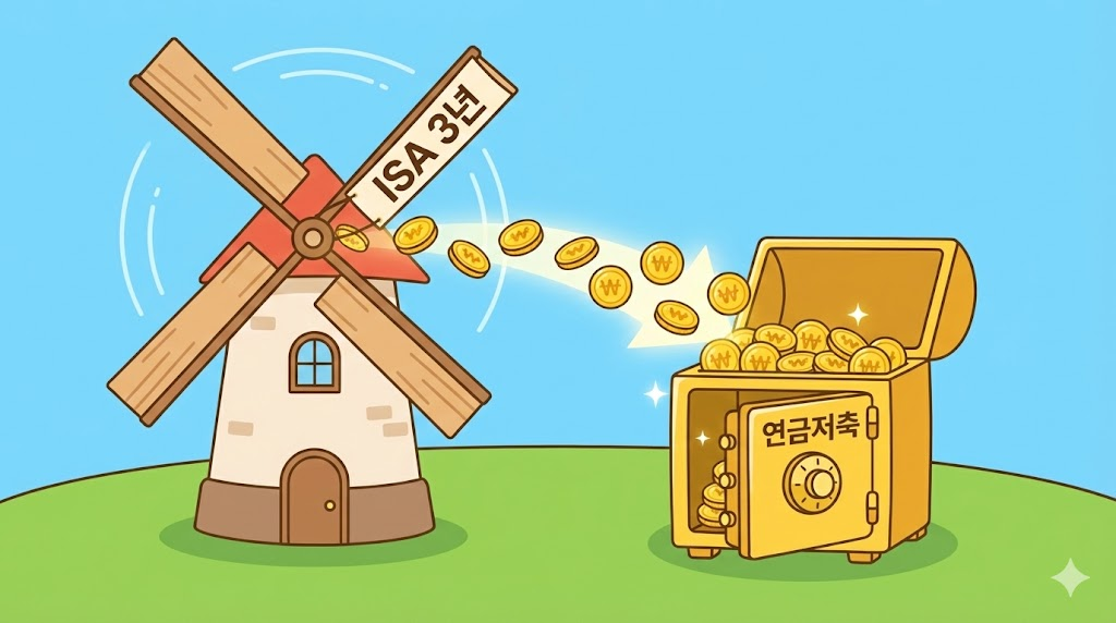절세계좌 ISA : 풍차(Windmill)가 돌아가고 있는데, 풍차 날개 하나가 'ISA 3년'이다. 풍차가 한 바퀴 돌 때마다 금화가 쏟아져 나와 '연금저축'이라는 거대한 금고로 들어가는 모습.