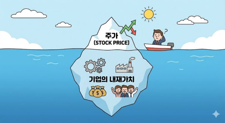 기업 가치 분석 : 수면 위는 주가, 수면 아래는 기업의 내재가치를 표현한 아이스버그 일러스트