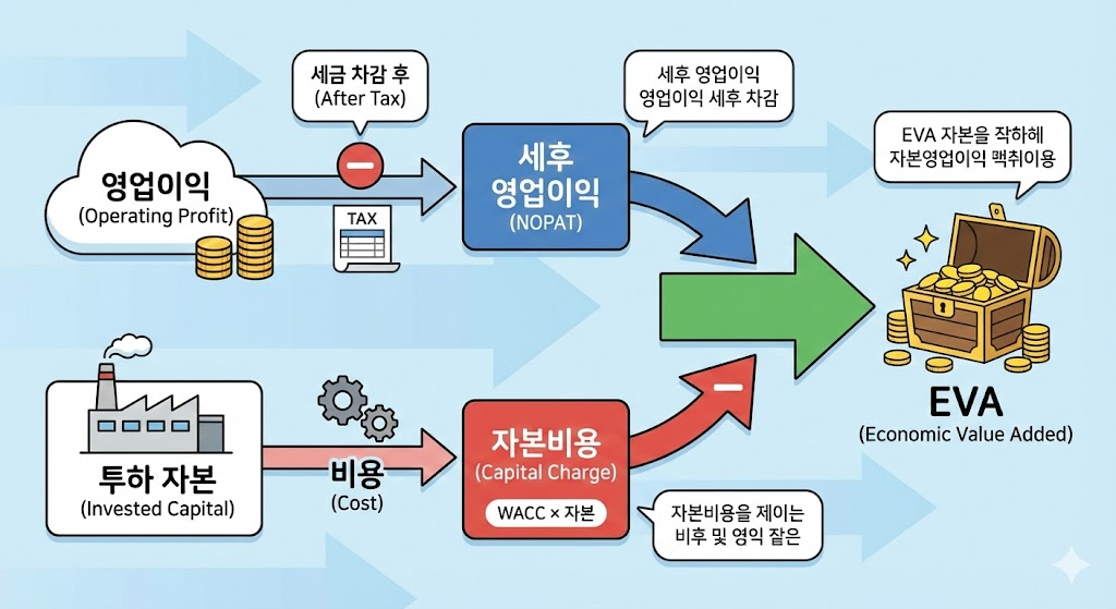 영업이익에서 자본비용을 차감하여 EVA가 도출되는 흐름도