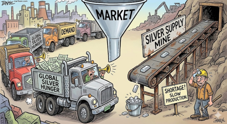 은 가격 상승 : 수요 트럭은 넘치는데 광산 컨베이어 벨트는 천천히 돌아가는 대조적인 일러스트