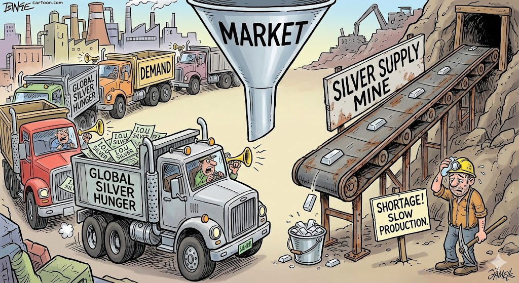 은 가격 상승 : 수요 트럭은 넘치는데 광산 컨베이어 벨트는 천천히 돌아가는 대조적인 일러스트