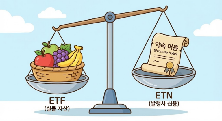 한쪽엔 실물 과일 바구니(ETF), 다른 쪽엔 종이 약속 어음(ETN)이 놓인 저울 일러스트