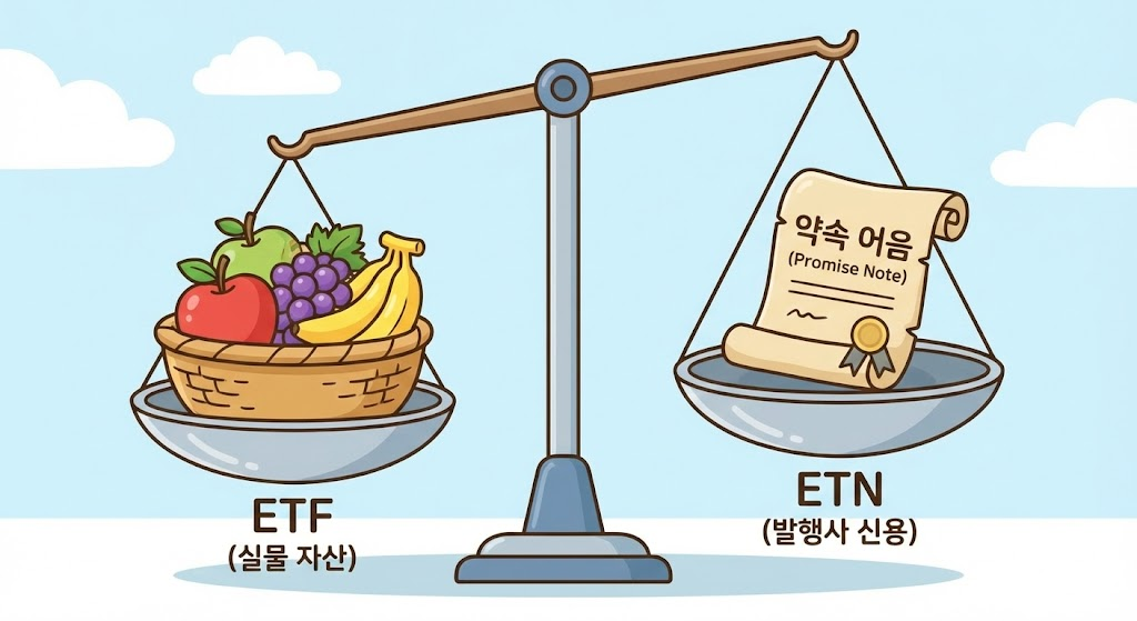 한쪽엔 실물 과일 바구니(ETF), 다른 쪽엔 종이 약속 어음(ETN)이 놓인 저울 일러스트