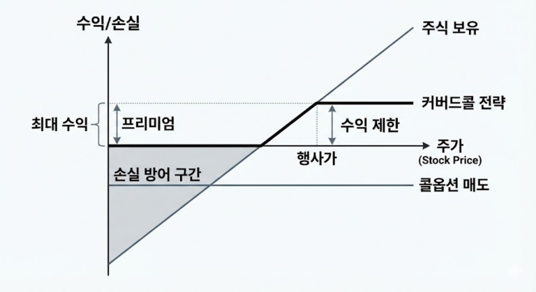 주가 상승 시 수익이 제한되지만 하락 시 손실을 방어하는 커버드콜 수익 구조 그래프