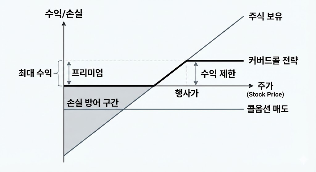 주가 상승 시 수익이 제한되지만 하락 시 손실을 방어하는 커버드콜 수익 구조 그래프