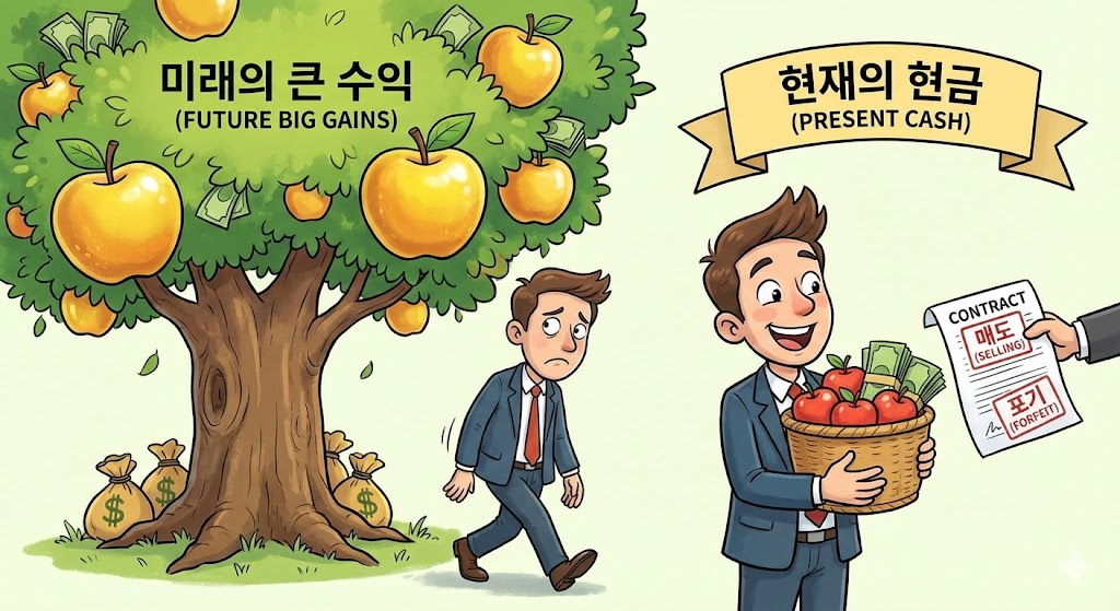 미래의 큰 사과나무(수익)를 포기하고 현재의 작은 사과 바구니(현금)를 받는 투자자 일러스트