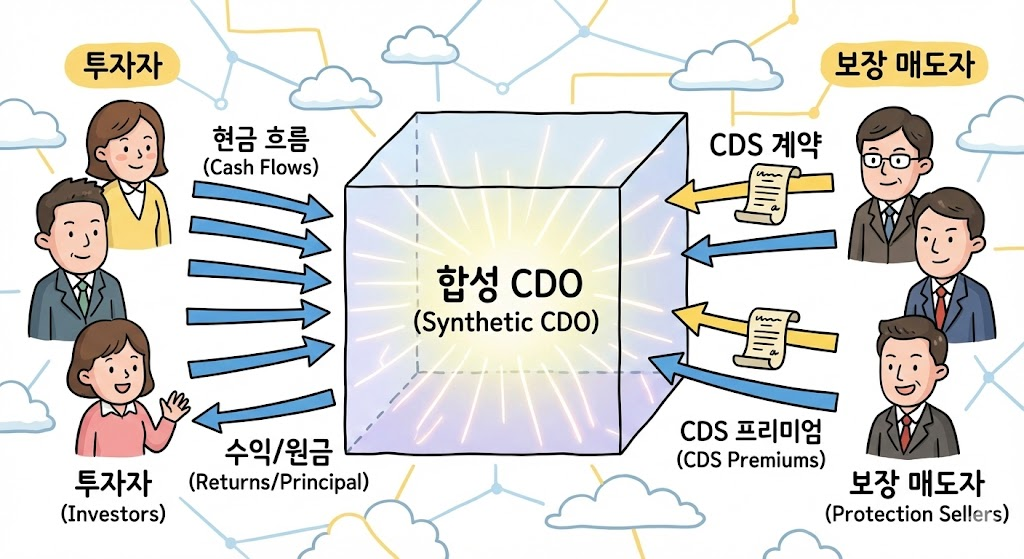 실물 자산 없이 계약서(CDS)와 현금 흐름만으로 연결된 합성 CDO의 추상적 구조도