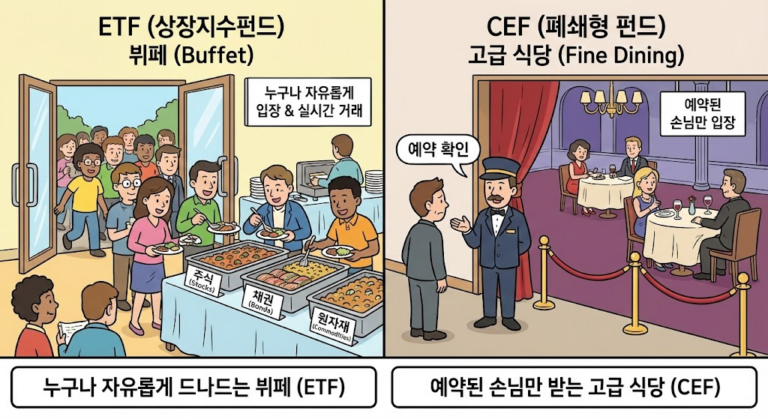 누구나 자유롭게 드나드는 뷔페(ETF)와 예약된 손님만 받는 고급 식당(CEF)을 비교한 일러스트