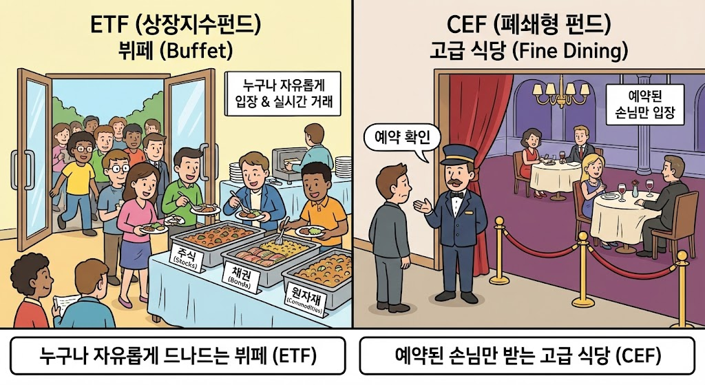 누구나 자유롭게 드나드는 뷔페(ETF)와 예약된 손님만 받는 고급 식당(CEF)을 비교한 일러스트