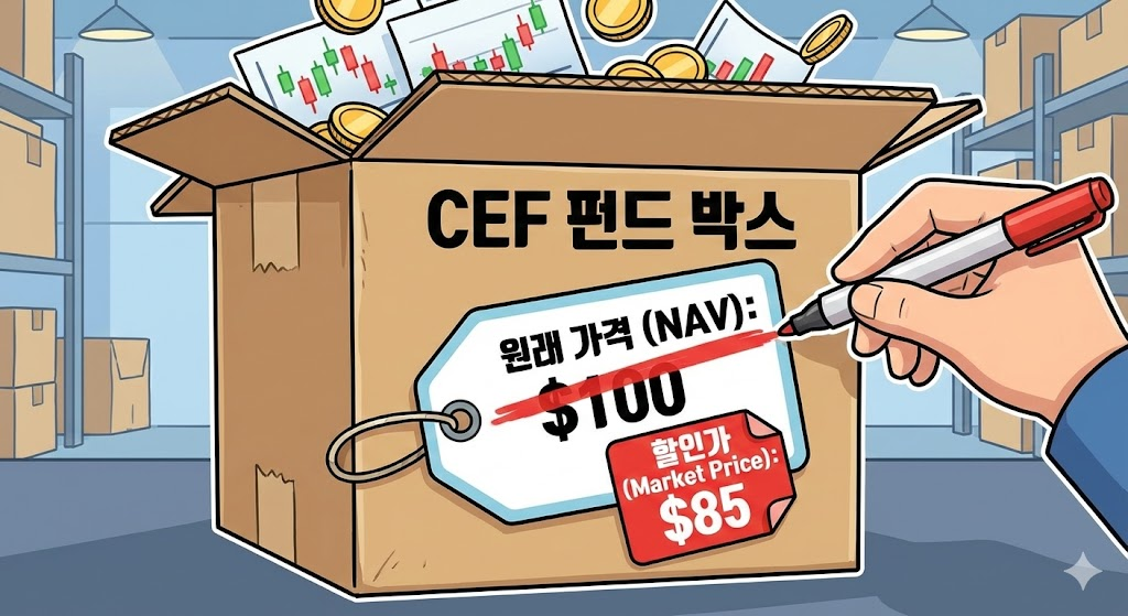 펀드 박스에 원래 가격(NAV)이 지워지고 할인가(Market Price)가 붙어있는 일러스트