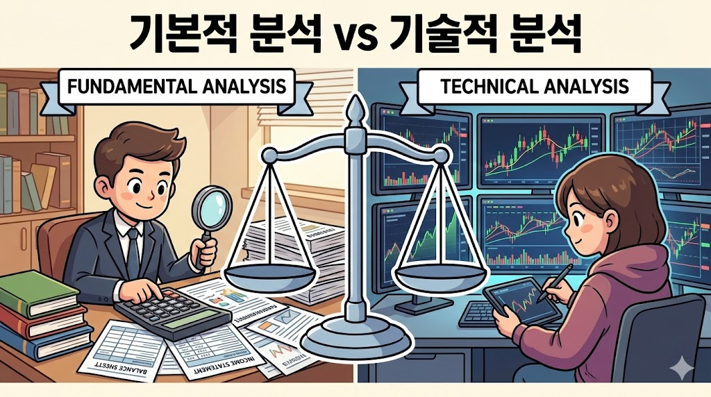 기본적 분석과 기술적 분석의 차이점 비교 일러스트