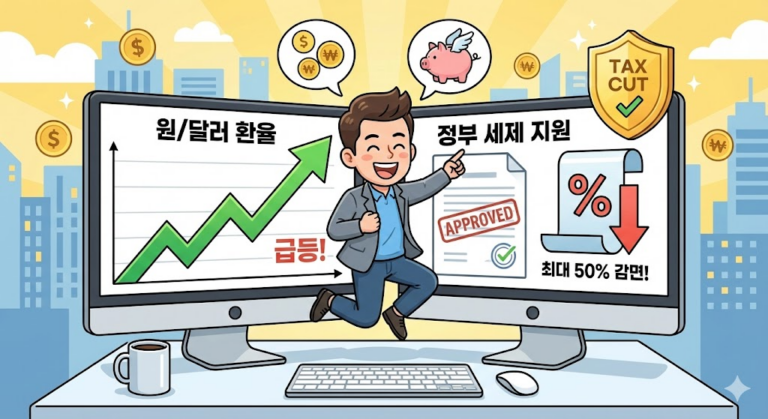 RIA : 환율 그래프와 세금 감면 혜택을 보고 기뻐하는 투자자의 카툰 일러스트