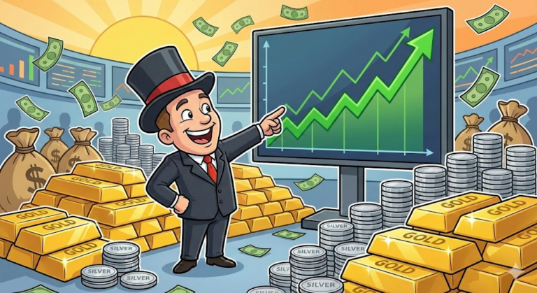 금괴와 은화가 쌓여있고 상승하는 그래프를 바라보는 원자재 투자자의 카툰 일러스트
