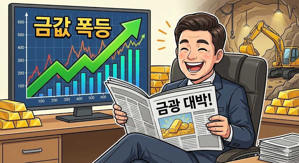 애그니코 이글 마인스(AEM) 분석: 신문을 보며 금광 관련 뉴스를 체크하는 투자자와 상승하는 차트 배경의 일러스트