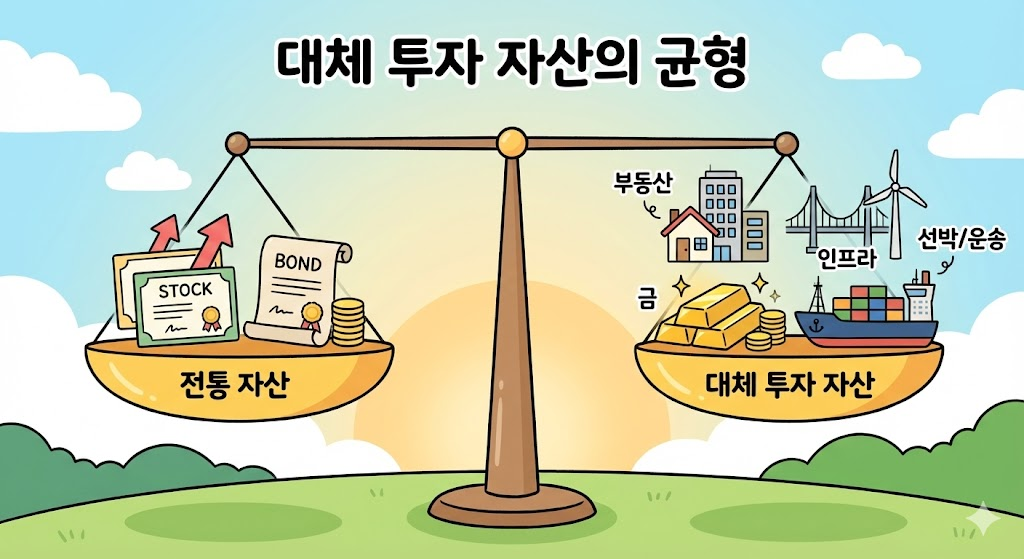 대안투자상품 : 주식과 채권이 아닌 부동산, 금, 인프라, 선박 등 다양한 자산 아이콘이 균형을 이루고 있는 일러스트