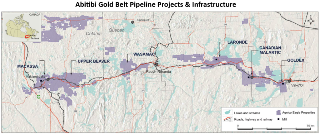 Abitibi Gold Belt pipeline projects and infrastructure; source: Scotiabank BBQ 2023