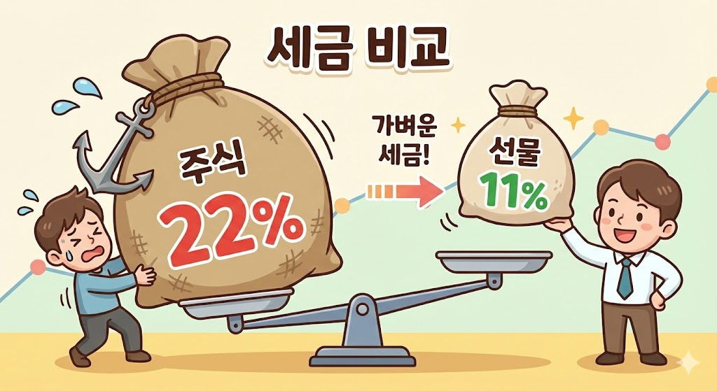 해외 선물 옵션 세금 : 22%라고 적힌 무거운 주식 주머니와 11%라고 적힌 가벼운 선물 주머니를 비교하는 카툰 일러스트