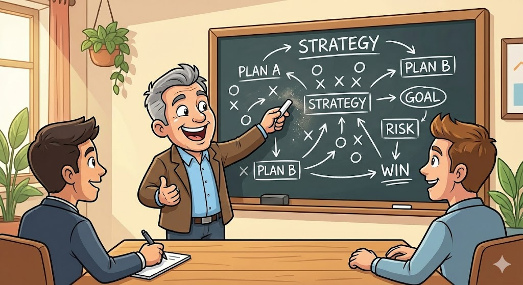 칠판에 O와 X를 그리며 전략을 설명하는 분석가 모습의 카툰 일러스트