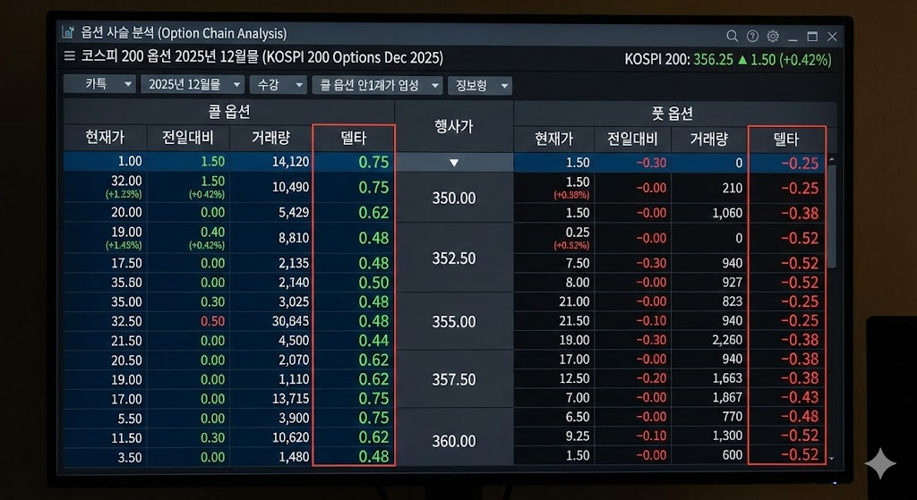 옵션 사슬 및 델타 값 분석 화면