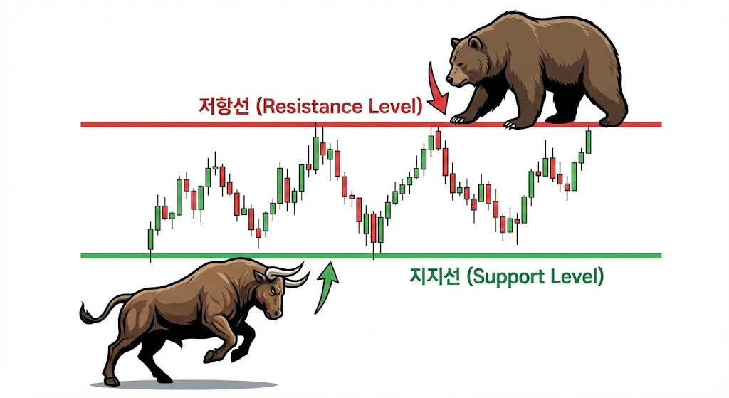 황소가 바닥을 받치고 곰이 천장을 누르는 지지저항 개념도