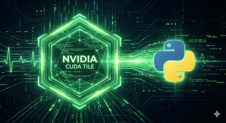 CUDA : 복잡한 코드가 빛나는 녹색 타일 형태로 단순화되어 파이썬 로고와 연결되는 모습을 표현한 테크 일러스트