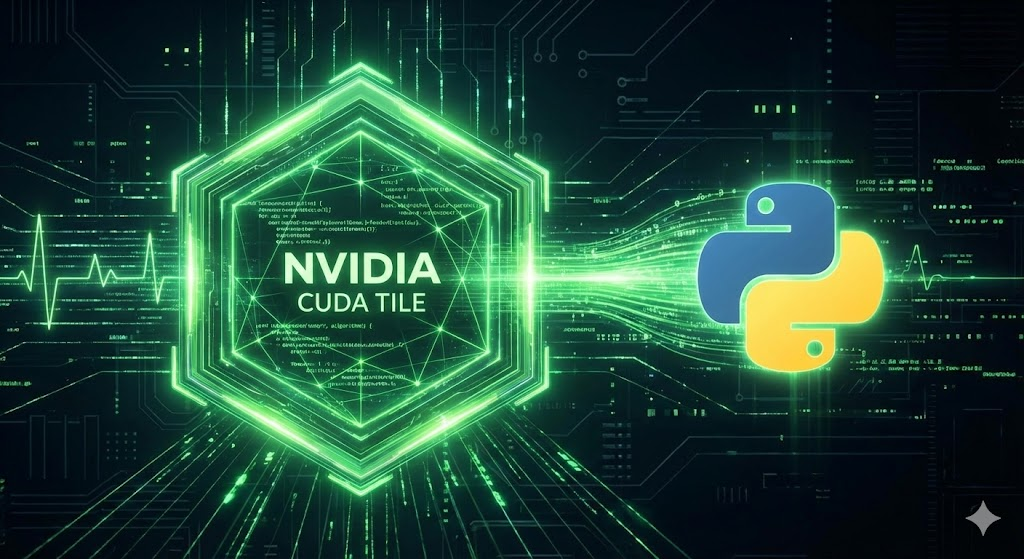CUDA : 잡한 코드가 빛나는 녹색 타일 형태로 단순화되어 파이썬 로고와 연결되는 모습을 표현한 테크 일러스트