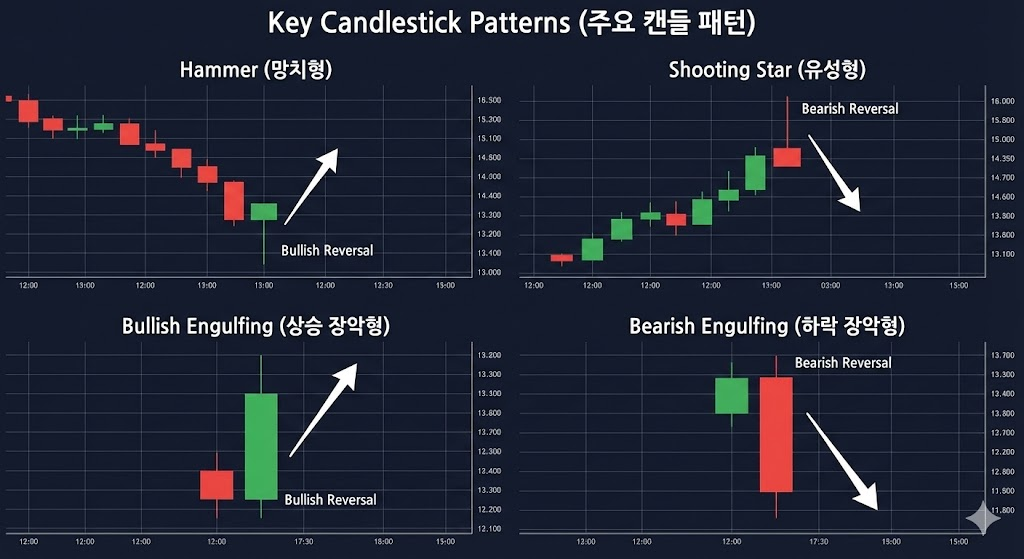 망치형 유성형 장악형 캔들 예시