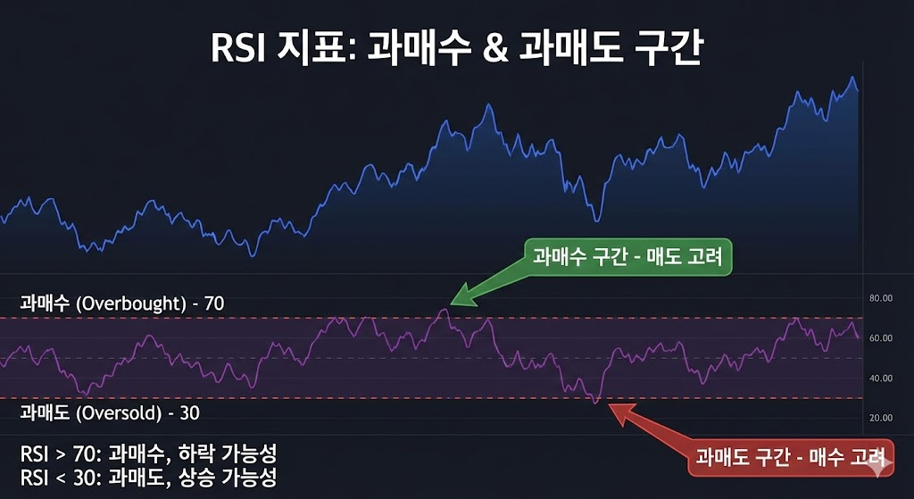 보조지표 : RSI 지표의 과매수 과매도 구간 설명 일러스트
