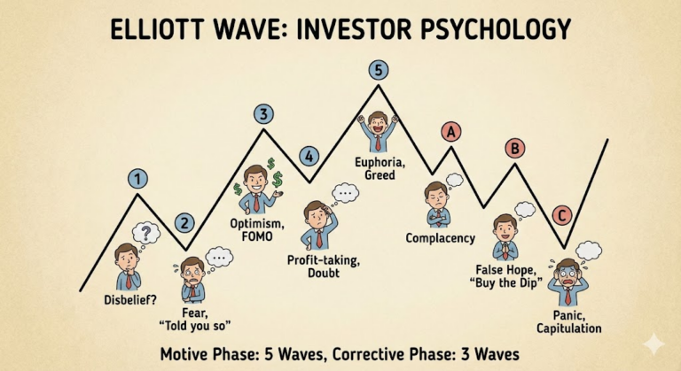 각 엘리어트 파동 단계별 투자자들의 심리 상태를 묘사한 일러스트