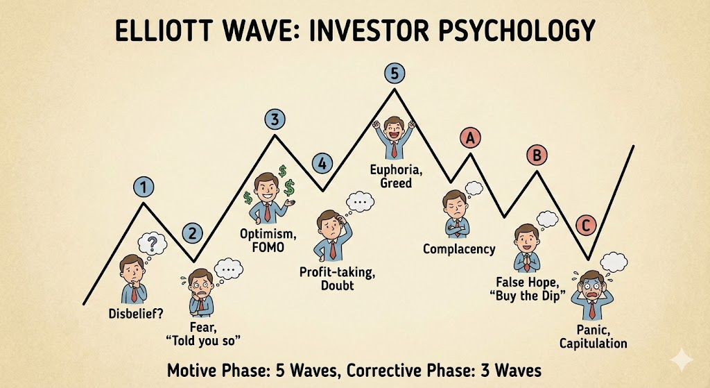 각 파동 단계별 투자자들의 심리 상태를 묘사한 일러스트