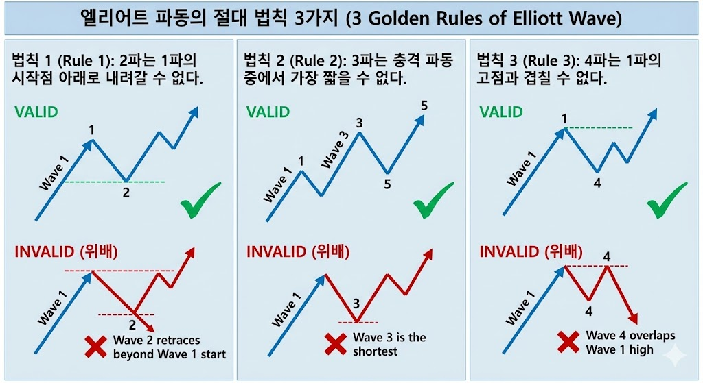 엘리어트 파동의 절대 법칙 3가지와 위배되는 예시 도표