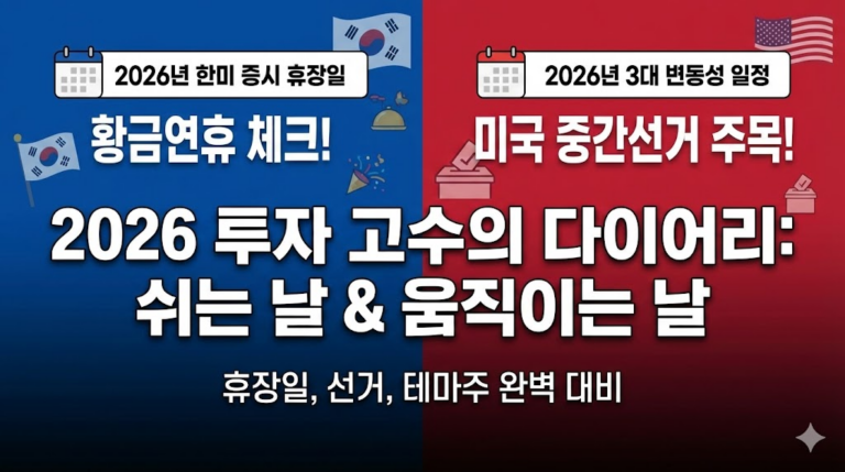 2026년 미국과 한국 증시 휴장일, 서머타임 일정부터 네 마녀의 날, 미국 중간선거 등 시장이 출렁이는 핵심 변동성 일정까지 완벽하게 정리했습니다.