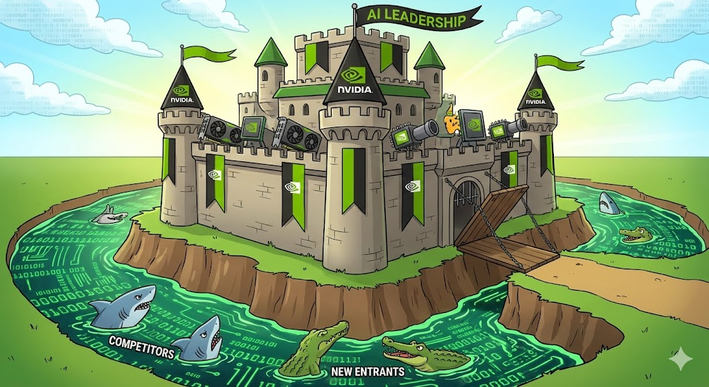 엔비디아 깃발이 꽂힌 성 주위로 깊고 넓은 해자가 흘러 외부 침입을 막는 모습을 묘사한 3D 일러스트