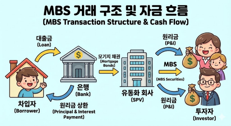 부동산 유동화 : 차입자에서 은행, 유동화 회사, 투자자로 이어지는 MBS 자금 및 원리금 상환 흐름도