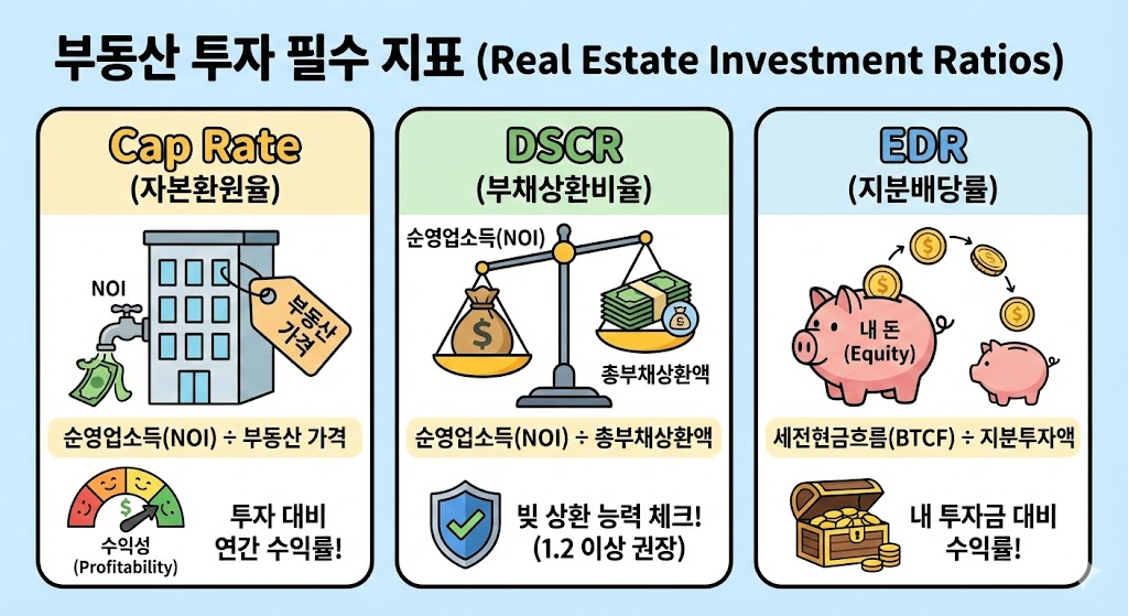 부동산 투자 : Cap Rate, DSCR, EDR 공식을 시각적으로 비교하고 의미를 설명한 인포그래픽