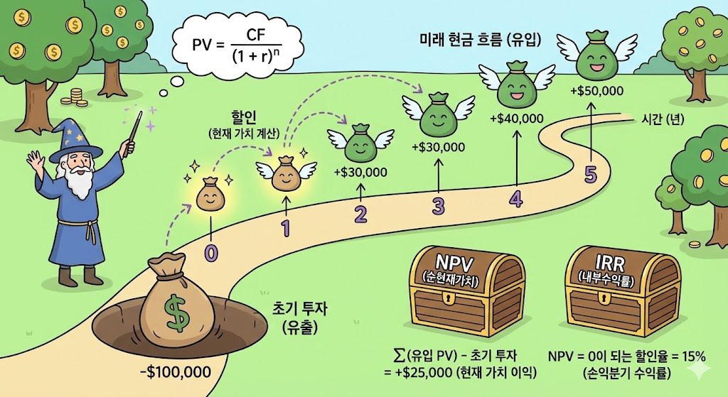 시간 흐름에 따른 현금 흐름을 현재 가치로 할인하여 NPV와 IRR을 도출하는 개념도