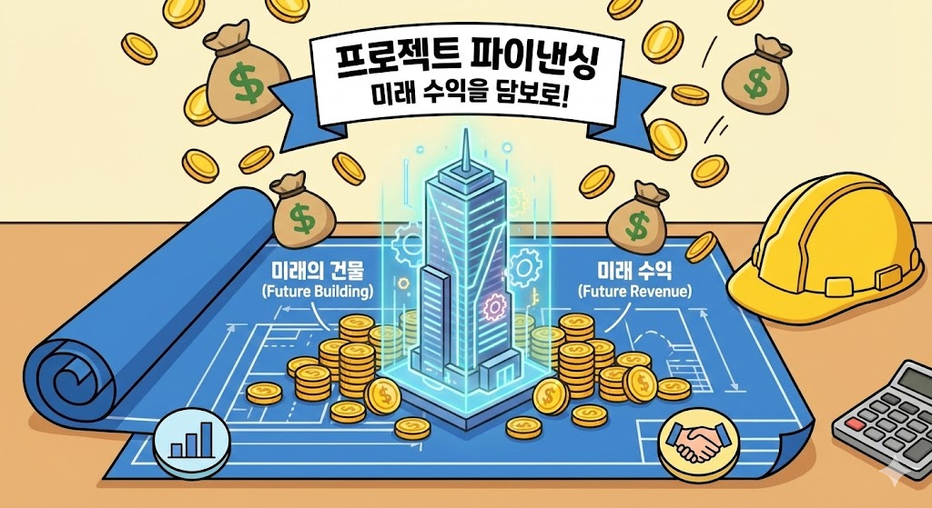 부동산 PF : 미래의 건물이 지어지는 청사진과 그 위로 쏟아지는 동전들을 통해 미래 수익을 담보로 하는 개념을 표현