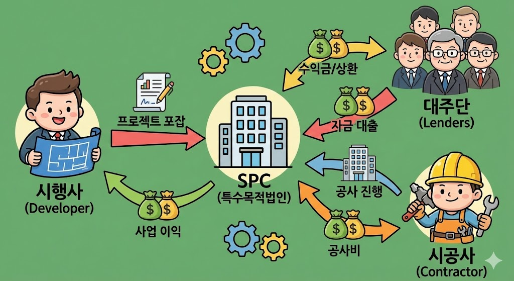 시행사, 시공사, 대주단, SPC가 유기적으로 연결되어 자금이 순환하는 구조도