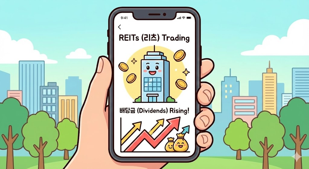 리츠 : 스마트폰 주식 거래 화면에 빌딩 아이콘과 상승하는 배당금 그래프가 떠 있는 모습
