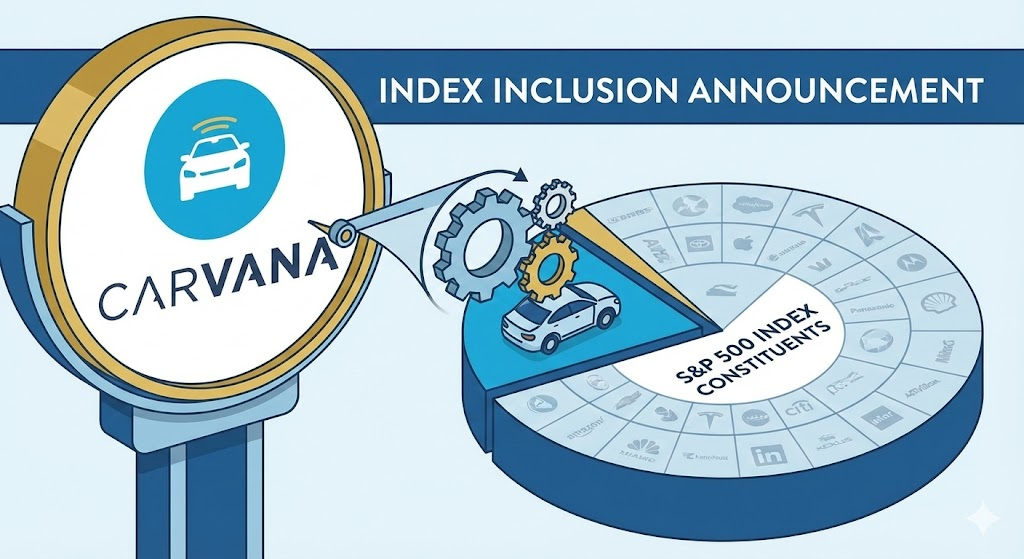 CVNA : 카바나 로고가 S&P 500 지수 구성 종목으로 편입되는 모습의 정책 일러스트