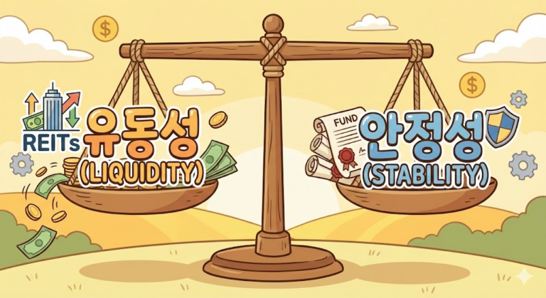 저울의 한쪽에는 '유동성'이라는 글자와 리츠 로고, 다른 한쪽에는 '안정성'이라는 글자와 펀드 서류가 균형을 이루는 모습