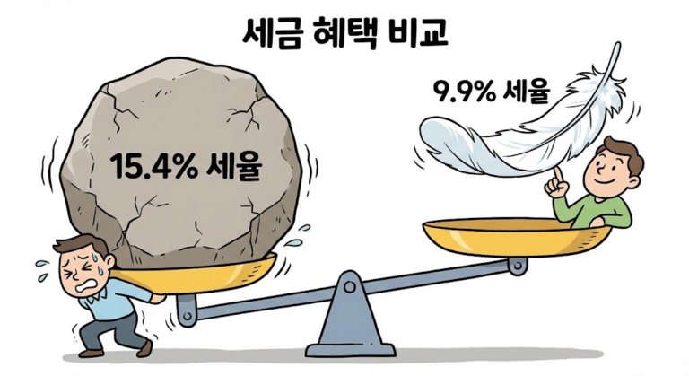 리츠 배당소득 분리과세 : 15.4% 세율의 무거운 돌덩이와 9.9% 세율의 가벼운 깃털을 비교하는 저울 일러스트