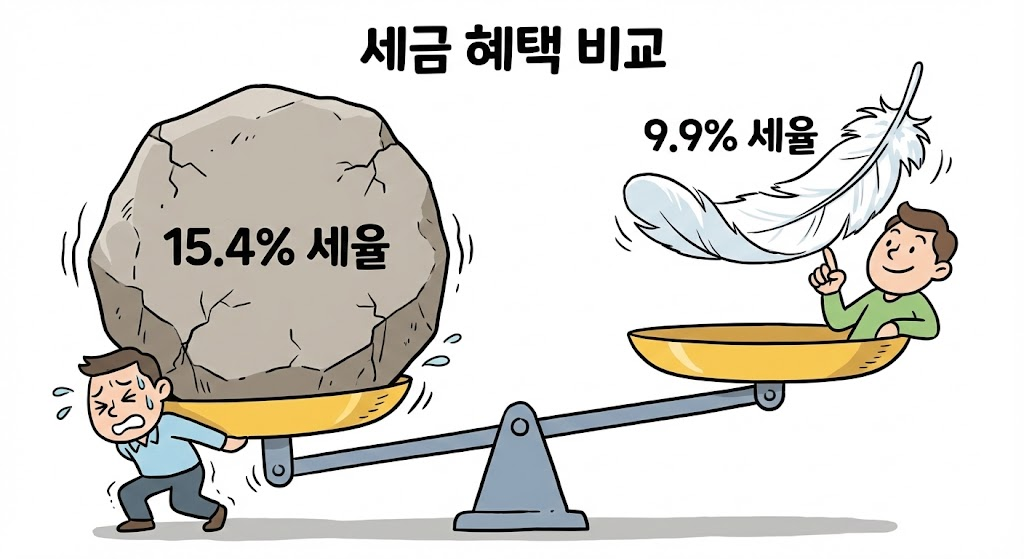리츠 배당소득 분리과세 : 15.4% 세율의 무거운 돌덩이와 9.9% 세율의 가벼운 깃털을 비교하는 저울 일러스트