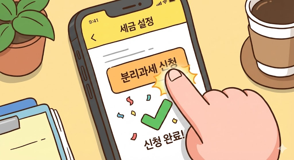 스마트폰 화면에서 '분리과세 신청' 버튼을 누르는 손가락과 완료 체크 표시