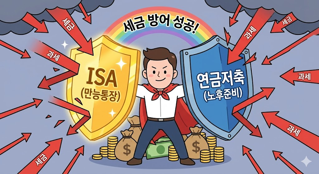 쏟아지는 세금 화살을 막아주는 ISA와 연금저축 방패 일러스트