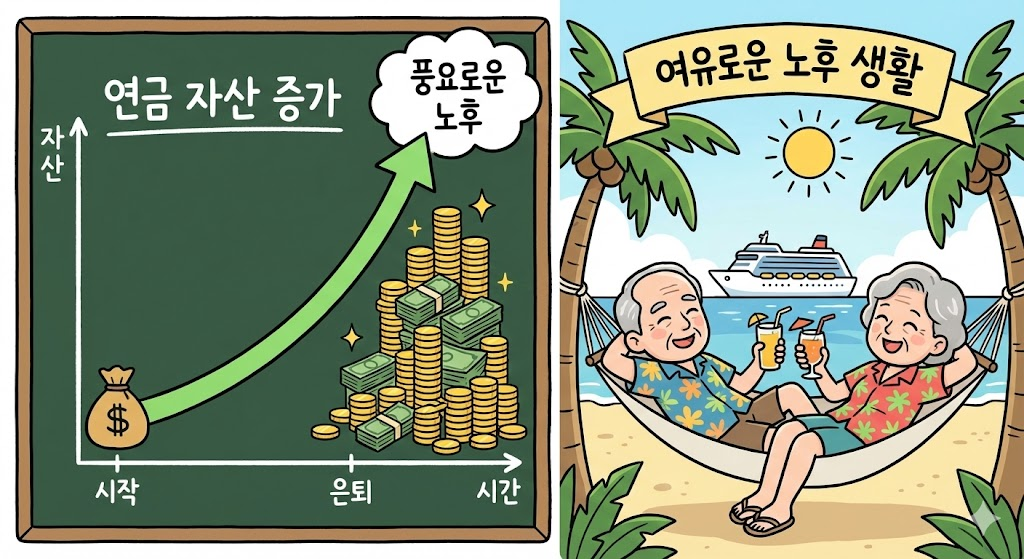 시간이 지날수록 급격히 우상향하는 연금 자산 그래프와 노후의 여유로운 모습
