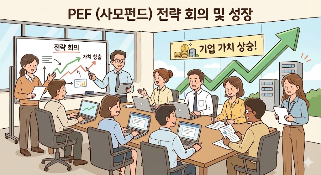 PEF : 기업의 가치를 높이기 위해 전략 회의를 하는 펀드 매니저들과 상승하는 그래프를 묘사한 일러스트