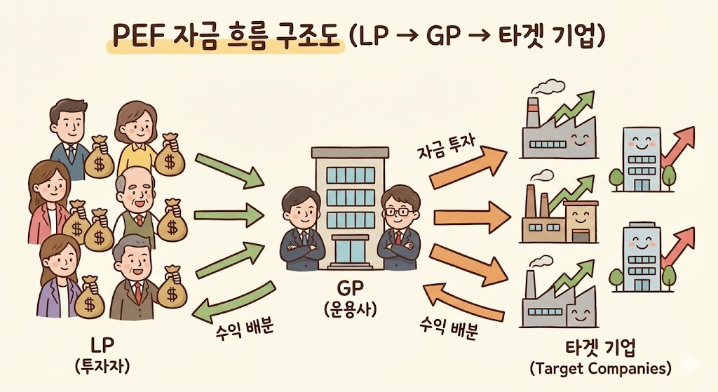 자금이 LP에서 GP를 거쳐 타겟 기업으로 흘러가는 구조를 나타낸 다이어그램