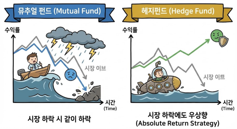 Hedge Fund : 시장 하락 시 같이 하락하는 뮤추얼 펀드 그래프와 달리 우상향 하는 헤지펀드 수익률 곡선을 비교한 인포그래픽