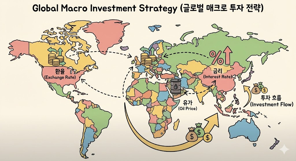 세계 지도 위에 환율, 금리, 유가 등의 거시 경제 지표들이 연결되어 있고 투자 흐름을 나타내는 지도